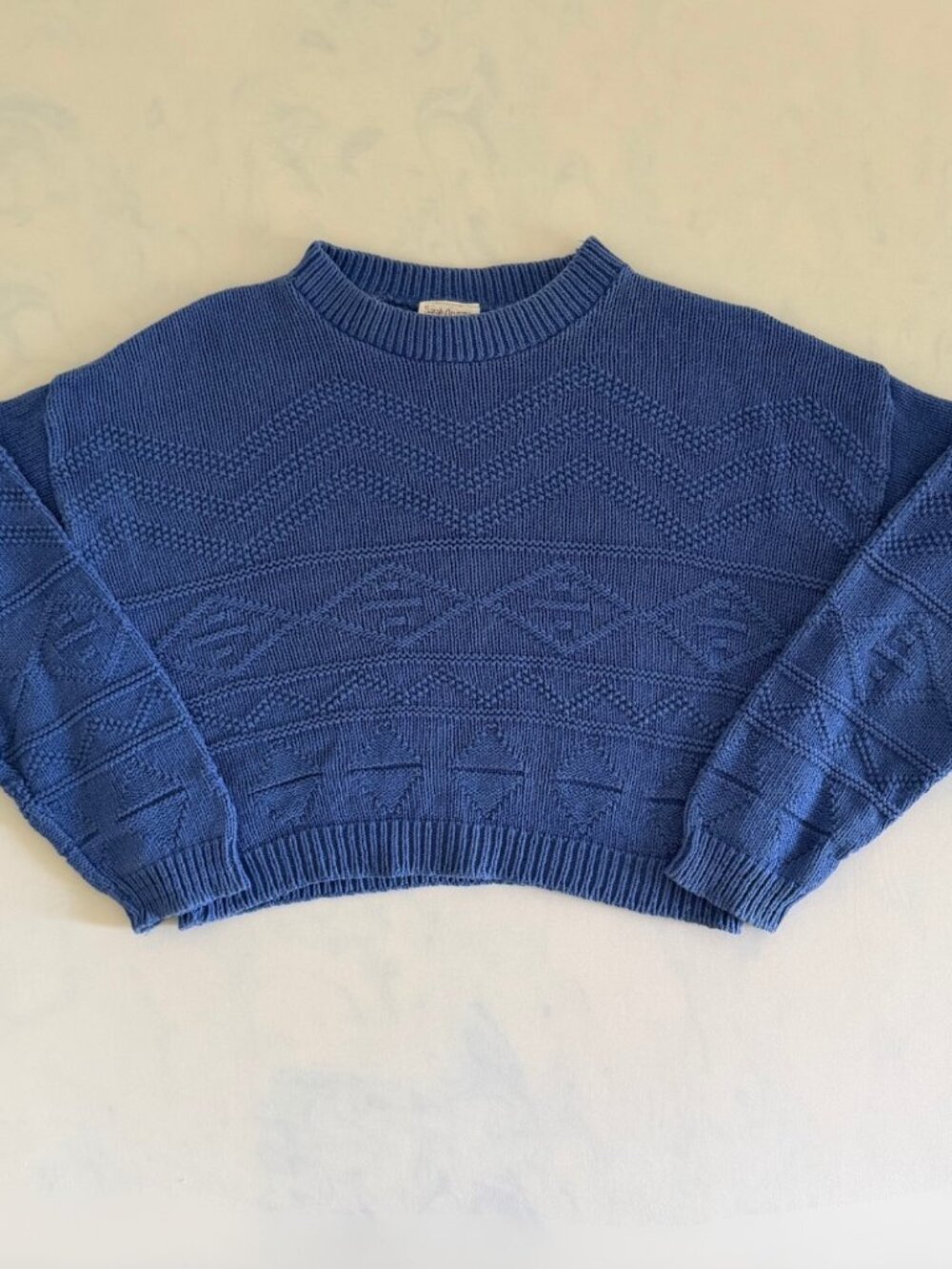 Royal Blue Cotton Knit Boxy Cropped Crewneck Sweater